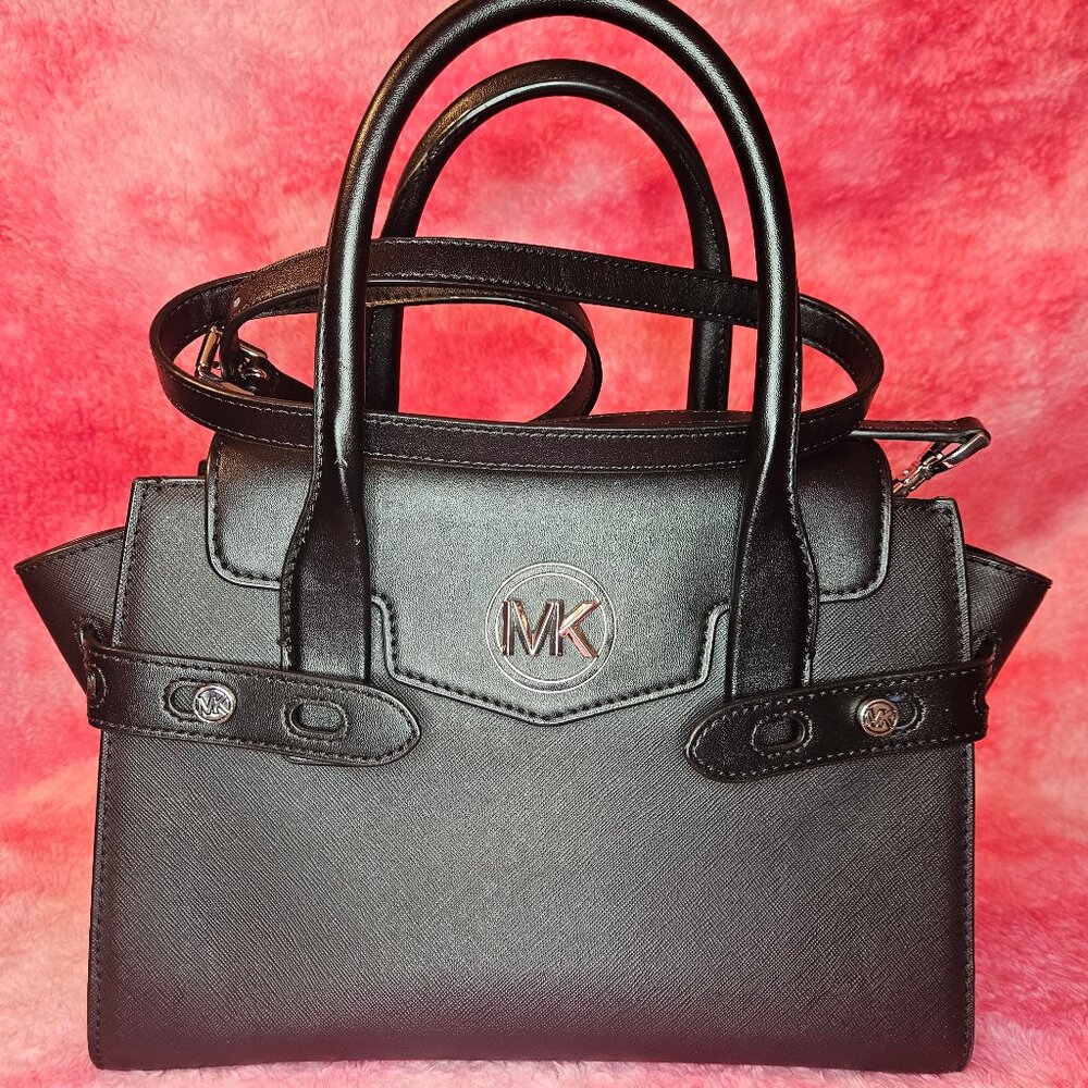 MICHAEL KORS CARMEN BLACK and silver LEATHER Medium FLAP SATCHEL SHOULDER BAG